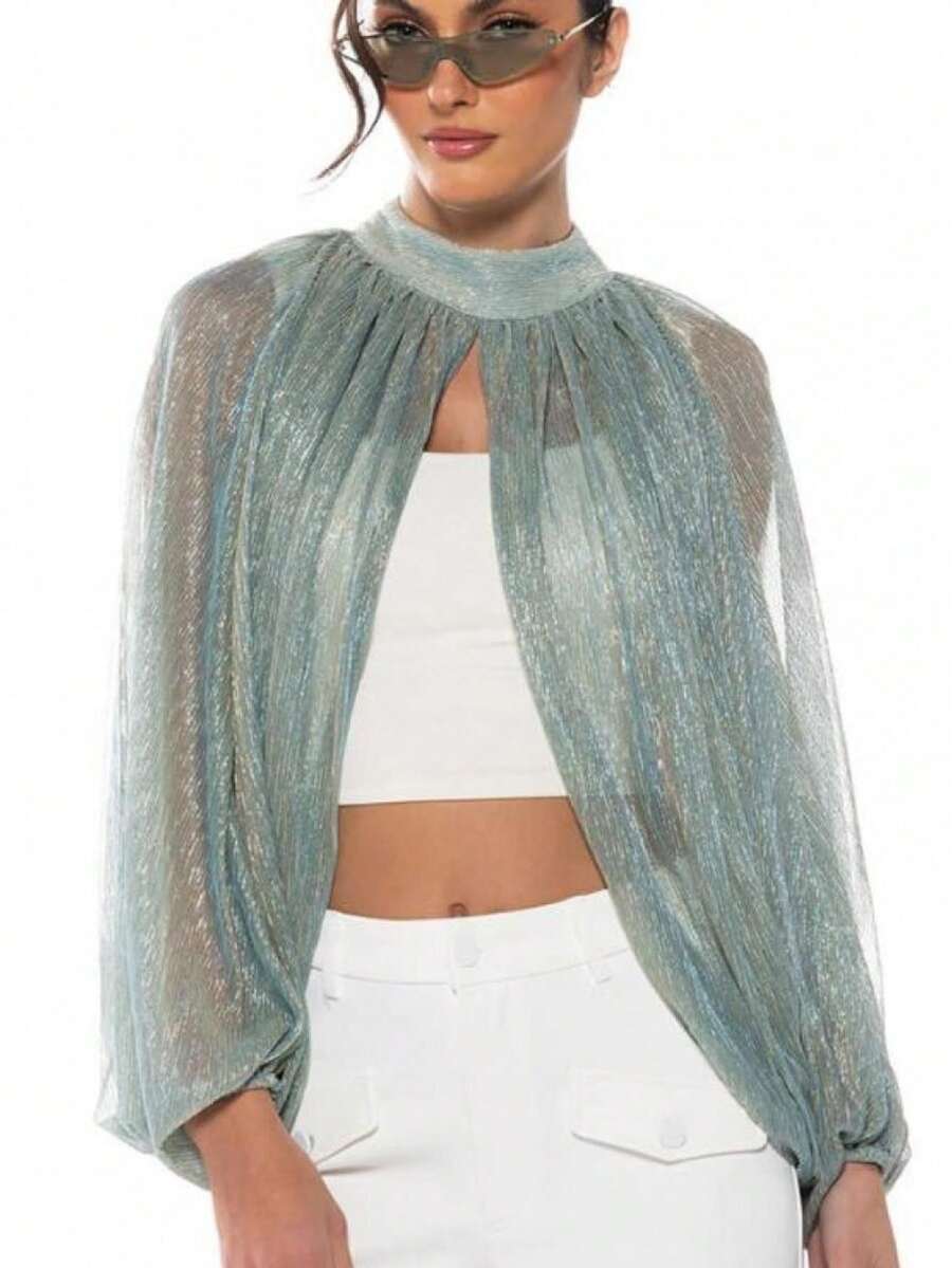 Awevudst Women Mock Neck Puff Sleeve Sheer Blouse Tops Open Front Blouse SeeThrough Pleated Shirts Dress Cover Ups Bolero Shrug Tops - 藍色 - 查看 1