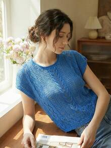Knit Mix Batwing Sleeve Pointelle Knit Top - Blue - View 3