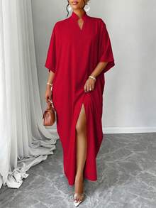 Women's Loose Fit Batwing Sleeve Dress, Arabic Style With Notched Neck And Slit Design - Red - View 6