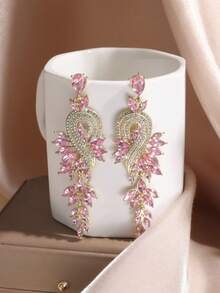 1pair Exaggerated Sweet Leaf & Music Note Shaped Rhinestone Earrings For Women's Party & Dating - Pink - View 4