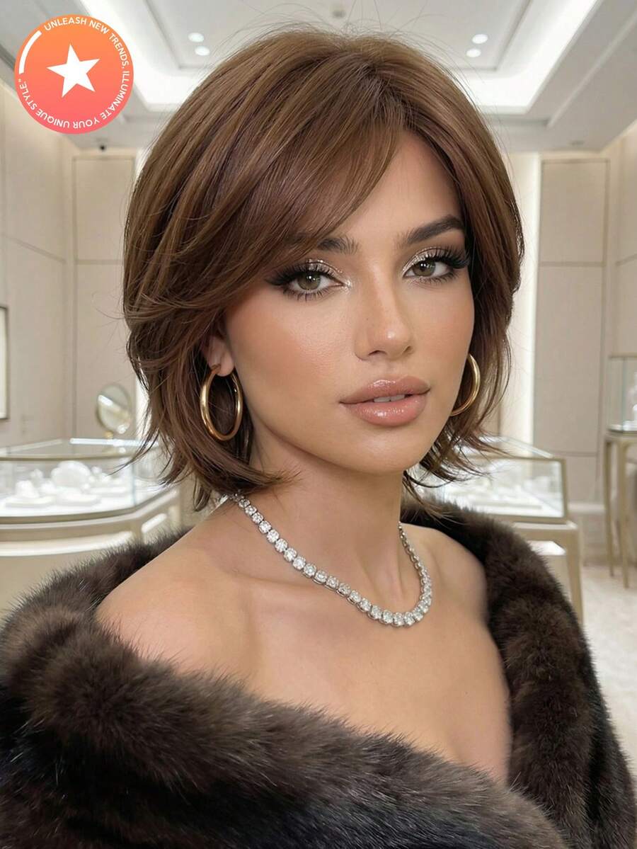 14 Inch Brown Bobbed Wig With Bangs, Heat Resistant Y2K Style Wig For Women, Suitable For Parties And Cosplay - Brown - View 1
