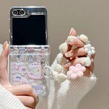 可爱猫咪折叠手机壳，带链条，兼容三星 Galaxy Z Flip3 5G/Galaxy Z Flip 4 5G/Galaxy Z Flip 5 5G/Galaxy Z Flip 6 5G/Galaxy Z Flip 7 5G，少女风折叠屏幕保护膜 - 彩色 - 查看 1