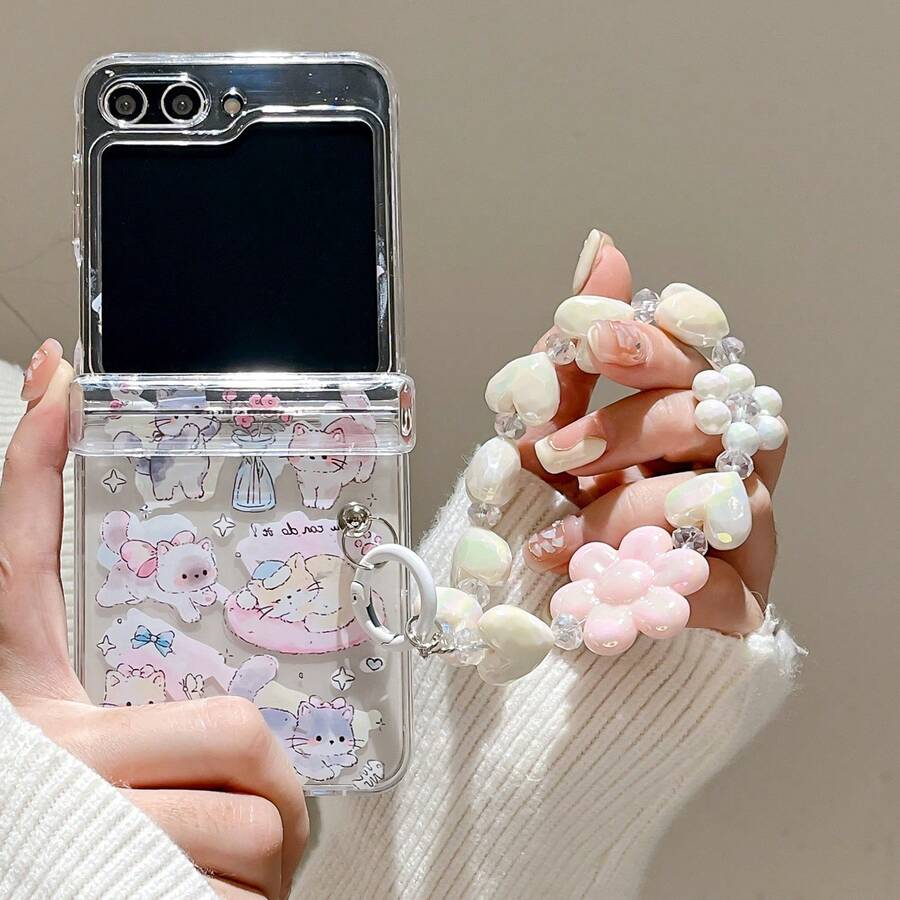 可爱猫咪折叠手机壳，带链条，兼容三星 Galaxy Z Flip3 5G/Galaxy Z Flip 4 5G/Galaxy Z Flip 5 5G/Galaxy Z Flip 6 5G/Galaxy Z Flip 7 5G，少女风折叠屏幕保护膜 - 彩色 - 查看 1