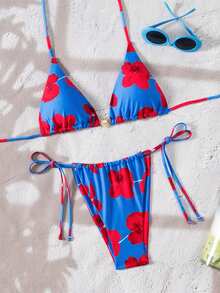 Women's Floral Print Halter Neck Bikini Set, Suitable For Beach & Vacation Summer - Blue - View 3