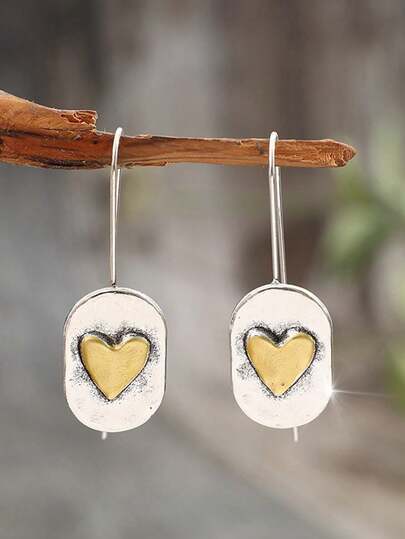 1 Pair Vintage Boho Style Geometric Hammered Yellow Heart Hook Earrings, A Jewelry Gift Suitable For Women To Wear Daily, Parties, Travel