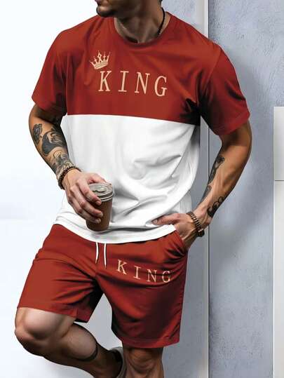 男士 KING 数字印花短袖短裤套装 - 休闲街头风，适合户外和日常穿着，带口袋和抽绳设计，是完美的礼物之选。