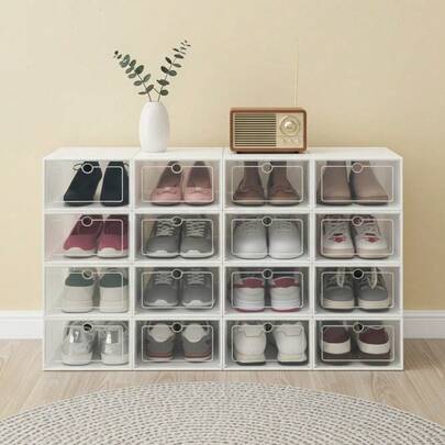 12 قطعة/طقم صناديق تخزين أحذية شفافة قابلة للتراكم، رفوف أحذية قابلة للطي توفر المساحة، حاويات أحذية رياضية، منظمات أحذية عالية الجودة، صناديق أحذية