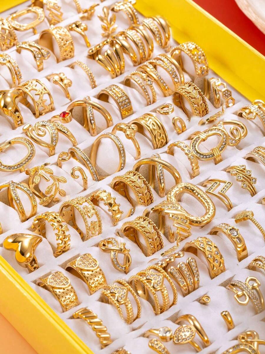3/6/9/12/15/20/26/30pcs Luxury Rhinestone Stainless Steel Heart & Cross Woven Ring Set, Suitable For Women, Assorted Styles, Sizes Random For Occasions Like Easter, Date, Engagement, Wedding, Party, Commute - Gold - View 1