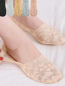 5双装女士心形蕾丝隐形防滑硅胶透气超薄设计舒适休闲船袜 - 彩色 - 查看 2