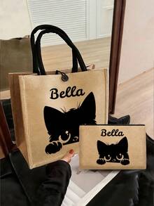 Personalized Custom Cat-Themed Handbag Set: Women's Handbag And Cosmetic Bag, Including A Black Cartoon Cat Pattern Handbag And A Small Pouch/Coin Purse, Printed With Cat, Bird, Wave, And Flower Patterns. Suitable For The Beach, This Set Features A Stylish, Large-Capacity Cosmetic Bag And A Travel Makeup Bag. Name Customization Available. - Multicolor - View 3