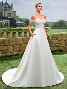 Off-The-Shoulder Lace Satin Flowing Elegant Romantic Luxurious High-End Bridal Wedding Dress, White, Suitable For Church, Hotel, Garden, Beach Weddings, Classic Royal Wedding Gown - White - View 10