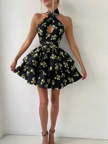 Women's Lemon Print Sexy Cute Elegant Criss-Cross Backless Mini Dress, Suitable For Daily Wear, Dating, Commuting, Holidays, Parties, Street Photography And Various Occasions - Black - View 7