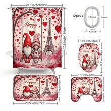 1件/3件/4件情人节爱心小矮人情侣多功能浴室装饰浴帘套装，赠送12个挂钩，营造优雅节日氛围，包含浴室地垫、U型地垫和圆形马桶垫，适用于各种场景的浴室套装 - 彩色 - 查看 3