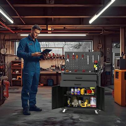 35" Heavy-Duty Steel Rolling Tool Cabinet With 2 Deep Drawers, Adjustable Shelves & Pegboard, Locking Casters, Mobile Garage Storage Organizer & Workbench For Workshop, Warehouse Tools