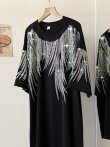 Shiny Black Plus Size Women's Midi Dress - Geometric Rhinestone Pattern Short Sleeve Loose Fit With Pockets Casual Summer Party Wear Fashionable Relaxed Style Polyester Fabric Plus Size Dress - 黑色 - 查看 7