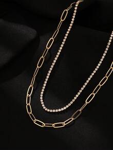 2pcs Fashionable Minimalist Paperclip & Rhinestone Multilayer Chain Necklace (Random Quantity Of Chain Rings) - Yellow Gold - View 5