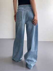 Women's Vintage Washed High Waisted Wide Leg Jeans - Loose Baggy Flattering Denim Pants | Casual Streetwear Trousers (Multiple Washed Colors) - 藍色 - 查看 4