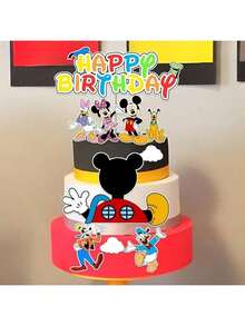 10件套朋友主题纸质蛋糕装饰插牌，风格欢快活泼，印有米奇、米妮等经典卡通人物，色彩鲜艳明亮，包含字母、卡通人物等造型。适用于生日及其他节日，可用于装饰生日蛋糕。 - 彩色 - 查看 4