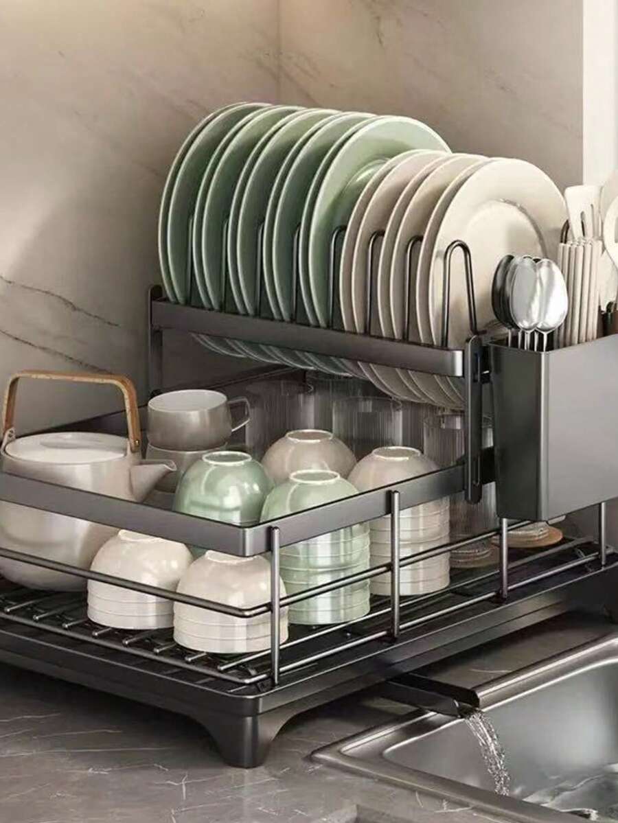 1pc Dish Drying Rack, Space-Saving Dish Rack, Kitchen Counter Dish Rack, Stainless Steel Kitchen Dish Drying Rack With Utensil Holder, Drying Rack For Bowls, Plates, Knives, Spoons And Forks - Black - View 1