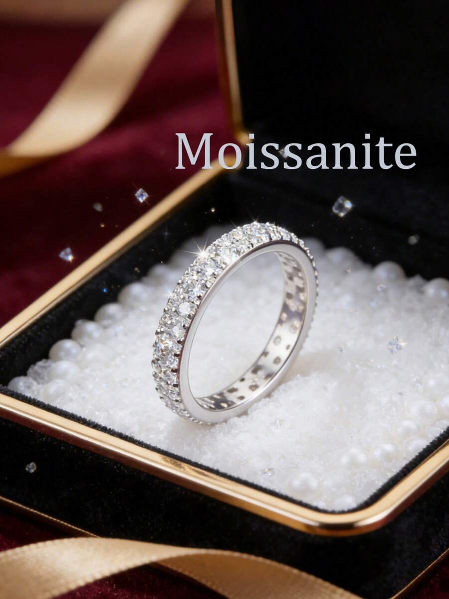 1 Piece Original Luxe 925 Sterling Silver 0.023ct * 40 Pieces, 0.005ct * 40 Pieces Moissanite Eternity Ring Meticulously Pave-Set Stones Round-Cut, Brilliant Clarity It Exudes Opulence. Water-Resistant, Comfort-Fit Design, And Bursting With Timeless Shine-A Must-Have For Discerning Style Lovers Great For Gifting Or Self-Treatment Box Packaging - Silver - View 1
