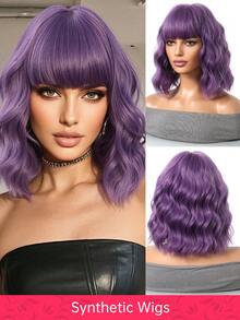 Purple Wig, 14-Inch Short Wavy Wig, Women's Synthetic Heat Resistant Wig With Bangs, Bob Wig, Curly Shoulder-Length Wig, Cosplay Wig For Women And Girls, Colored Wig, Perfect For Daily Wear And Music Festivals - 紫色 - 查看 12