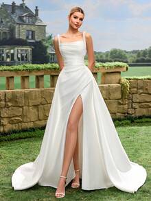 Elasola French Minimalist Satin Short Train Lightweight Outdoor Lawn Wedding Dress For Registry White Spring - White - View 6