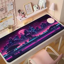 1pc Cyberpunk Neon City Mouse Pad, Futuristic Pink & Purple Night Landscape Desk Mat, Large Non-Slip Office & Gaming Keyboard Pad - Rectangle - View 1