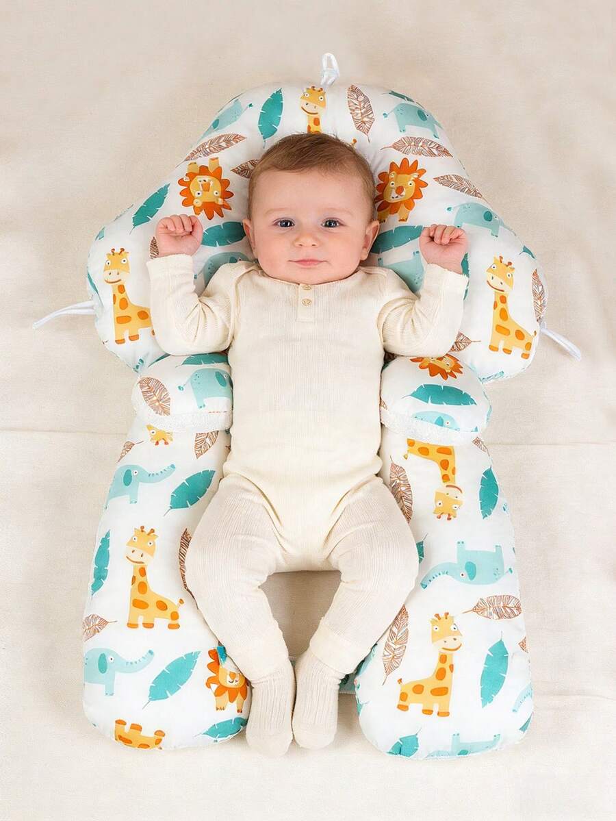 1 chiếc gối em bé cải tiến, gối hai mặt đa năng cho trẻ sơ sinh, in hình động vật hoạt hình dễ thương và lá cây, mềm mại và thoải mái, giúp điều chỉnh hình dạng đầu, phù hợp cho trẻ sơ sinh, dùng được cả bốn mùa.