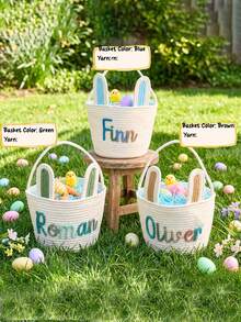1pc Personalized Handmade Easter Bunny Basket, A Children's Egg-Hunting Basket With A Customizable Name, A Crocheted Easter Basket With Bunny Ears And Decorations, A Custom Pet Toy Storage Basket, And A Custom Easter Gift. ,Travel Organizer - Multicolor - View 2