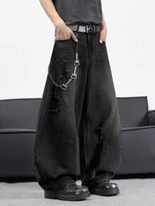 1 chiếc quần jeans nam ống rộng rách phối nhiều mảnh kiểu Nhật, quần denim dáng rộng phong cách vintage (Không bao gồm thắt lưng và phụ kiện) - màu đen - Xem 5