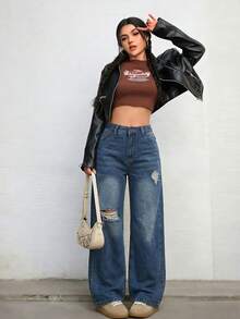 女士纽扣前袋经典宽松牛仔裤 - 霧霾藍 - 查看 6