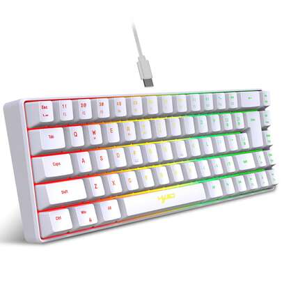60% Clavier de jeu, clavier filaire ultra-compact de 68 touches avec rétroéclairage RVB, touches anti-ghosting, convient aux ordinateurs portables Windows et aux joueurs PC, blanc/noir