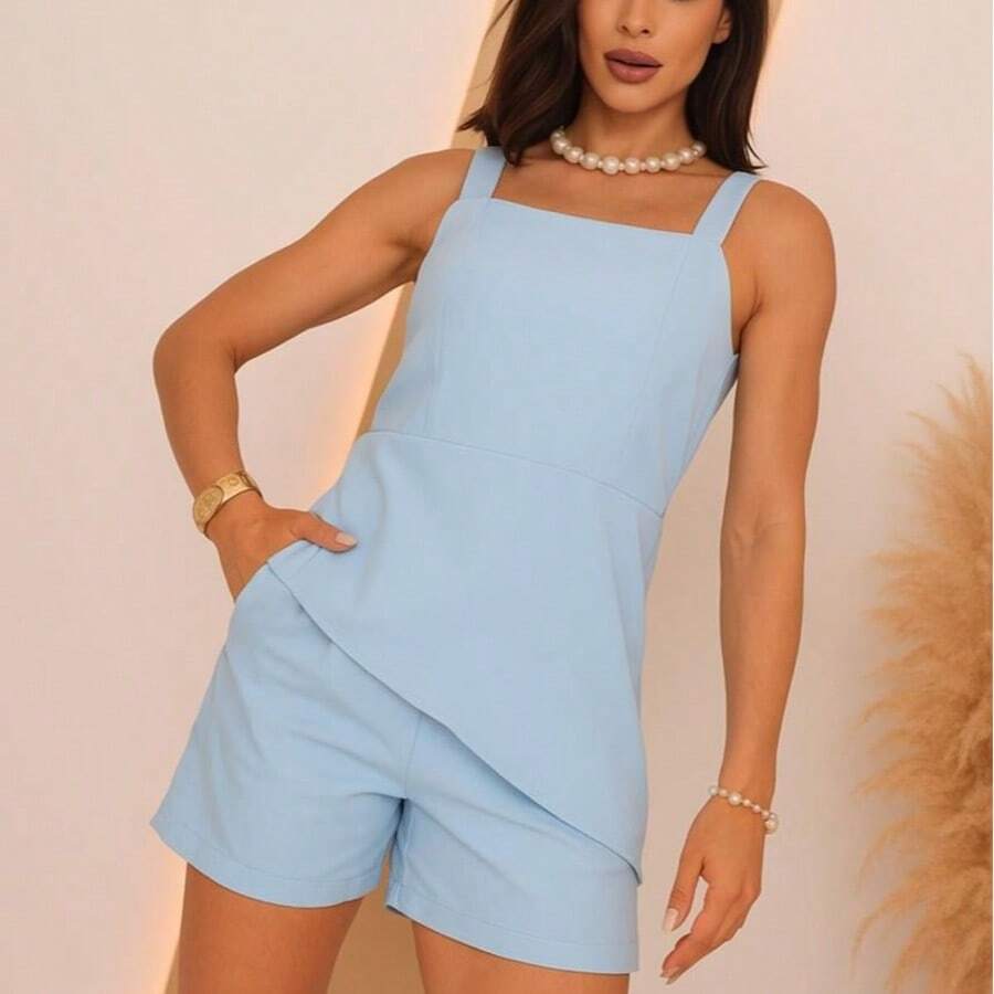 Tailored Suit With Back Zipper Blouse And Shorts With Covered Button. - 淺藍色. - 查看 1