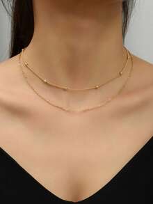 1pc Women's Simple Minimalist Style Double Layer Gold Metal Necklace, Suitable For All Seasons, Casual, Versatile - Gold - View 3