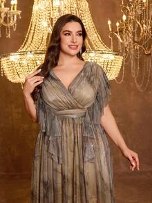 UNITHORSE [随机印花] 女士V领荷叶袖修身露背网纱晚礼服 - 棕色 - 查看 5