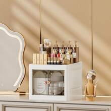 1pc Foldable Dual-Door Makeup Organizer Box, Multi-Layer Desktop Stationery Rack, Home Skincare Products Storage Cabinet - Multicolor - View 6