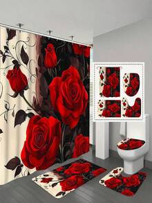1/3/4 Pcs Red Rose Pattern Bathroom Set, Waterproof Knitted Polyester Curtain With Grommets, Machine Washable, Artistic Theme, Includes Toilet Lid Cover And Bath Mat, 72x72 Inches, With 12 Hooks - Multicolor - View 26