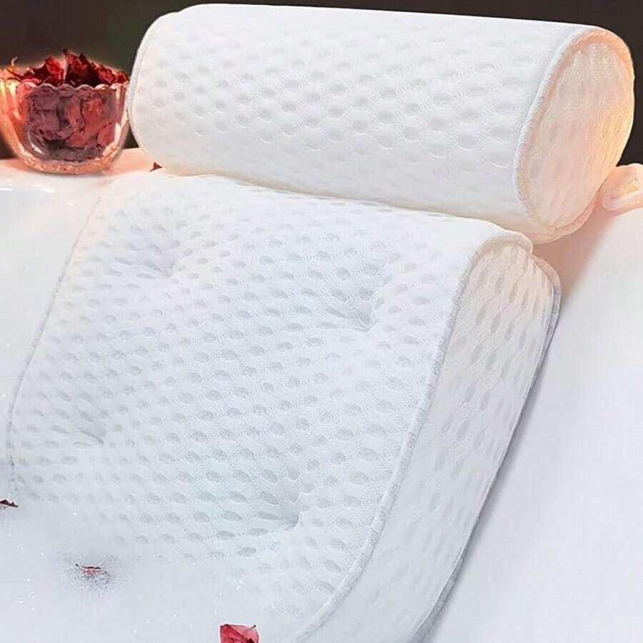 1pc Luxury Polyester Bath Tub Pillow With Anti-Slip Suction Cups, Ergonomic Design For Neck And Back Support, Comfortable , Unscented, White For Home Use Bathroom Decor Summer - Multicolor - View 1
