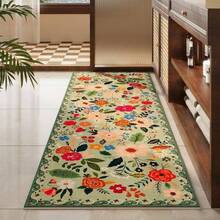1pc Mint Green Floral Long Runner Rug, American Country Style Corridor Hallway Carpet, Mint Green Base With Vibrant Roses, Peonies And Other Floral, Complemented By Green Leaves And Blue-Yellow Tiny Flowers, Creating A Farmhouse Countryside Ambiance, Suitable For Hallway, Living Room Entryway, Available In Multiple Sizes, Runner Rug, Carpet, Long Runner Bathroom Decor - Multicolor - View 3