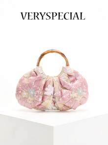 1pc Colorful PVC Sequin Patchwork Mesh Floral Embroidery Cloud Design Pleated Niche Linen Bottom Handbag, Fashion Summer Beach Vacation Fan-Shaped Women Tote Bag (Floral Pattern Random) - Pink - View 8