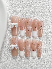 10Pcs Romantic Style Handmade Press On Nail,Polygel Nail Set,Bow Accents And Hand Painted Snowflake Designs,Snowflake,White Nail Polish,Fresh Style,Includes Nail Tools,3 Sizes Available,Almond,Duck,Coffin Nails For Party,Dance,Daily Wear. - 彩色 - 查看 17