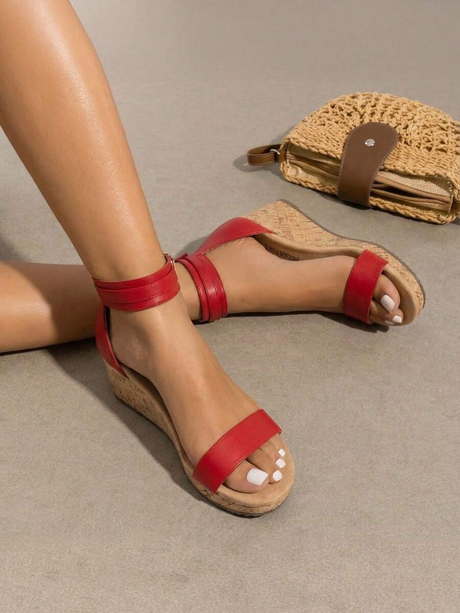 Women's Platform Wedge Sandals Open Toe Buckle Ankle Strapless Sandals Comfortable One-Strap Wood-Grain Bottom Sandals For Mother's Day Gift Summer Shoes - 紅色 - 查看 1