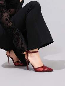 时尚蕾丝拼接高跟鞋，性感尖头超高跟派对鞋，女士酒红色细高跟凉鞋 - 酒紅色 - 查看 2
