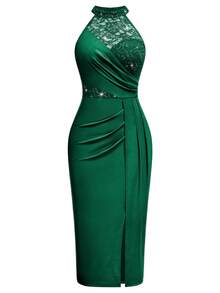MIUSOL Elegant Women's Halter Neck Sleeveless Sequin Lace Satin Bodycon Midi Dress, Ruched Fitted Design With Side Slit For Formal Wedding, Evening,Dating - 墨綠色 - 查看 8