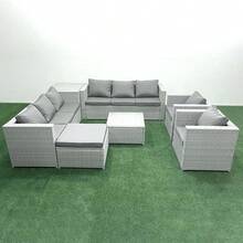 Fimous Outdoor Rattan Garden Furniture Set 9 Seater Patio Lounge Sofa Set With 2 Armchairs Side Table Square Coffee Table Big Footstool Light Grey - Light Grey - View 5