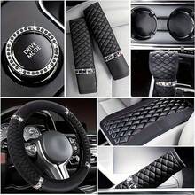 10 Sparkling Car Accessories Set For Women's Christmas Full Crystal Steering Wheel Cover Universal 38.1cm Seat Belt Shoulder Pad Armrest Pad Cup Holder Suitable For Automotive Interior Accessories - 黑色的 - 查看 5