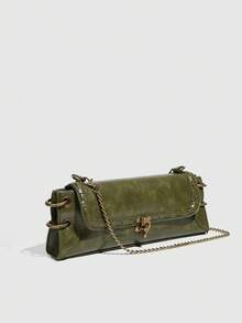 1Pc Women's Faux Leather Buckle Sling Bag,Single-Shoulder Bag With Buckle Closure, Antique Gold Finish, Can Be Worn As A Crossbody Bag, Shoulder Bag, Clutch, Or Underarm Bag; Chain Strap Included. - 綠色 - 查看 1