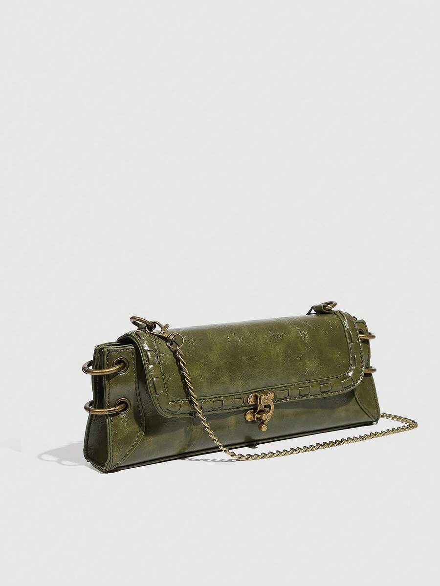 1Pc Women's Faux Leather Buckle Sling Bag,Single-Shoulder Bag With Buckle Closure, Antique Gold Finish, Can Be Worn As A Crossbody Bag, Shoulder Bag, Clutch, Or Underarm Bag; Chain Strap Included. - 綠色 - 查看 1