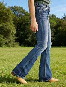 Mid Waist Flare Jeans With A Slim Fit And Stunning Embroidered Back Pockets That Shape Your Curves And Give You A Retro Bootcut Style - Màu xanh lam - Xem 5