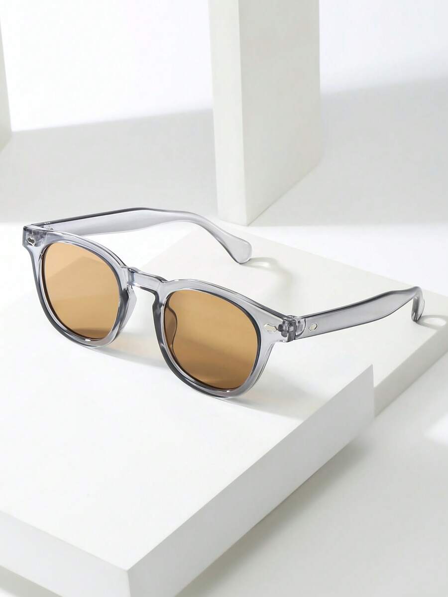 1pc Men's Oval Frame High-Quality Personalized Minimalist Fashion Glasses, Suitable For Casual, Holiday, Travel, Party, And Daily Wear - Gray Frame Tea - View 1